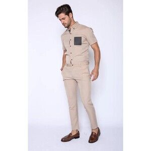 Romper Jack Jumpsuit Men’s Large Tan Jacquard Short Sleeve Collared Top Pants